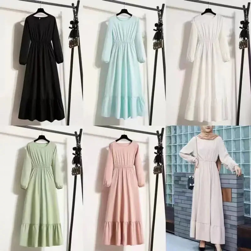 Women Long Dress Spring Autumn Mujer Vestidos Solid Full Sleeve O-neck Casual Chiffon Dresses Muslim Solid Loose Maxi Dresses