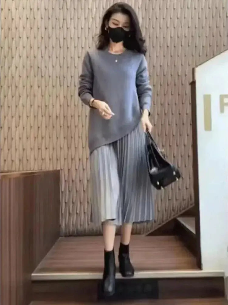 Women's Dress Sweater Autumn Winter 2024 New in Fake Two Piece Set Korean Style Elegant Pullover Dress Sweater Women's Clothing