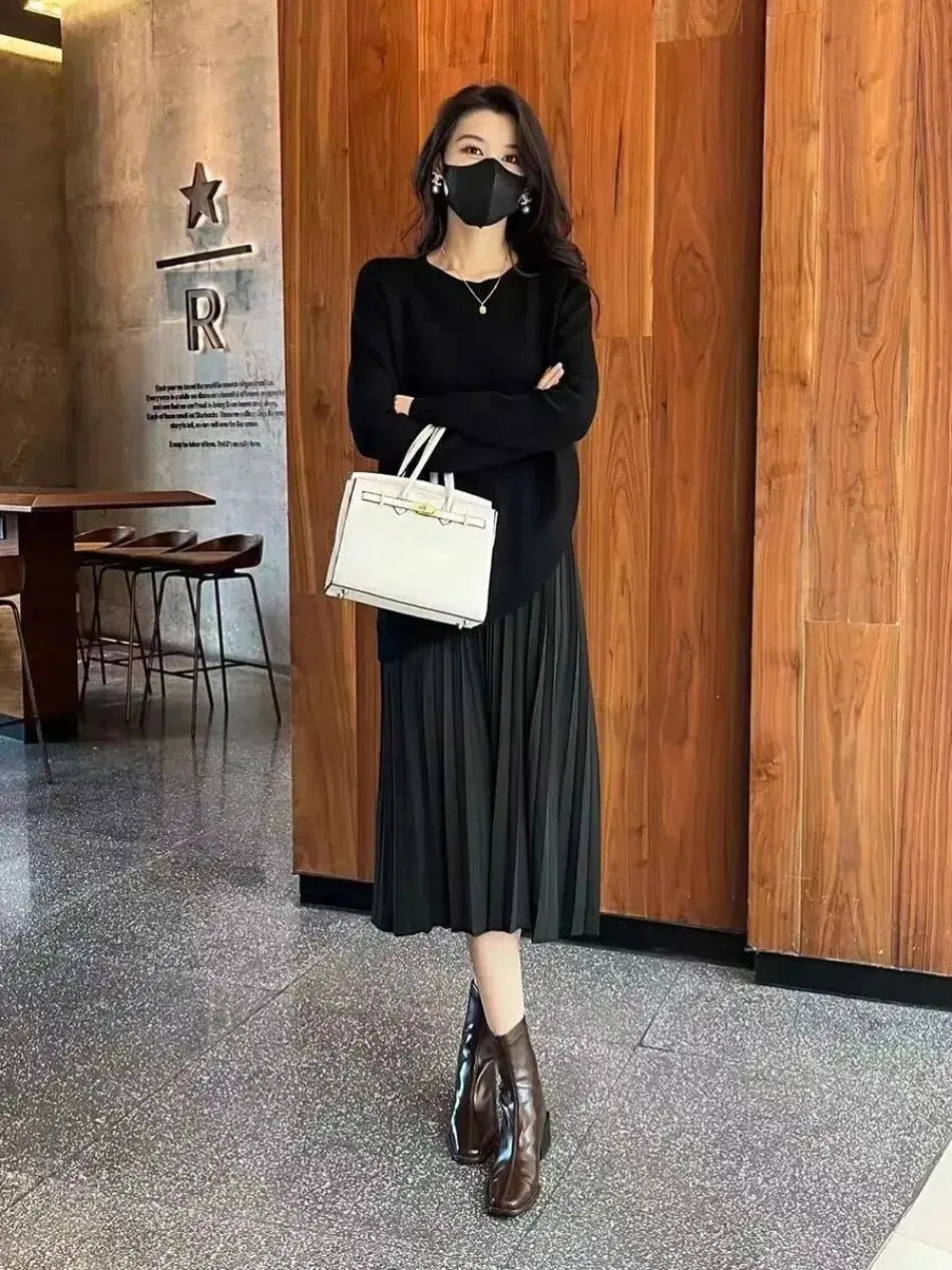 Women's Dress Sweater Autumn Winter 2024 New in Fake Two Piece Set Korean Style Elegant Pullover Dress Sweater Women's Clothing - haalish