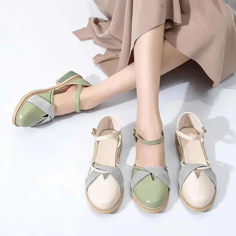 Women's Summer Chunky Heel Bow Round Head Ankle-strap Buckle Sandals