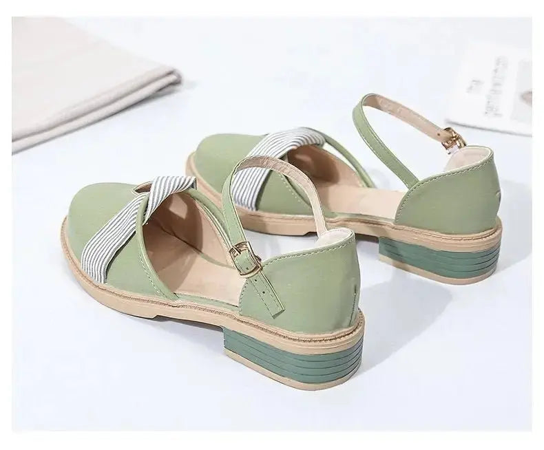 Women's Summer Chunky Heel Bow Round Head Ankle-strap Buckle Sandals