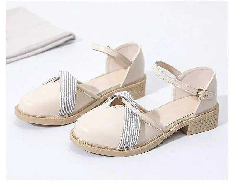 Women's Summer Chunky Heel Bow Round Head Ankle-strap Buckle Sandals