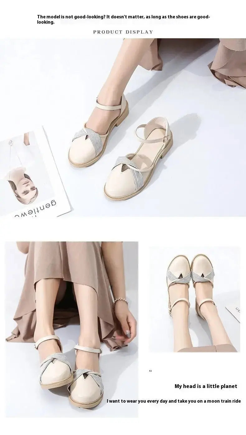 Women's Summer Chunky Heel Bow Round Head Ankle-strap Buckle Sandals