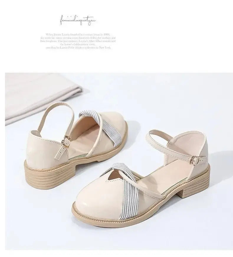 Women's Summer Chunky Heel Bow Round Head Ankle-strap Buckle Sandals