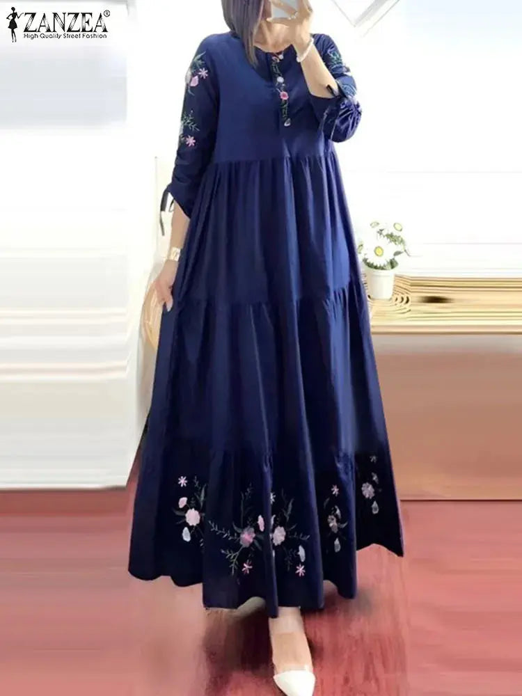 ZANZEA Elegant Floral Printed Muslim Maxi Dress Woman Fashion Tiered Abaya Sundress Casual Holiday Vacation Long Robes Kaftan