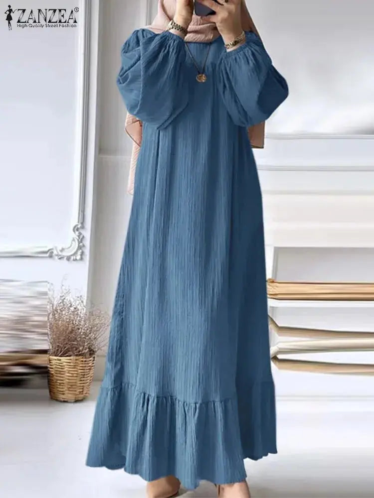 ZANZEA Fashion Ruffles Hem Muslim Sundress Woman Puff Sleeve O Neck Dress Autumn Elegant Party Abaya Vestidos Islamic Clothing - haalish