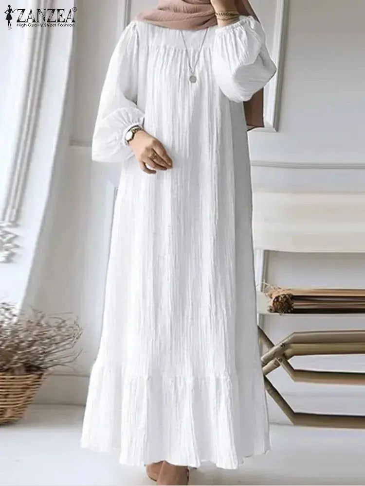 ZANZEA Fashion Ruffles Hem Muslim Sundress Woman Puff Sleeve O Neck Dress Autumn Elegant Party Abaya Vestidos Islamic Clothing