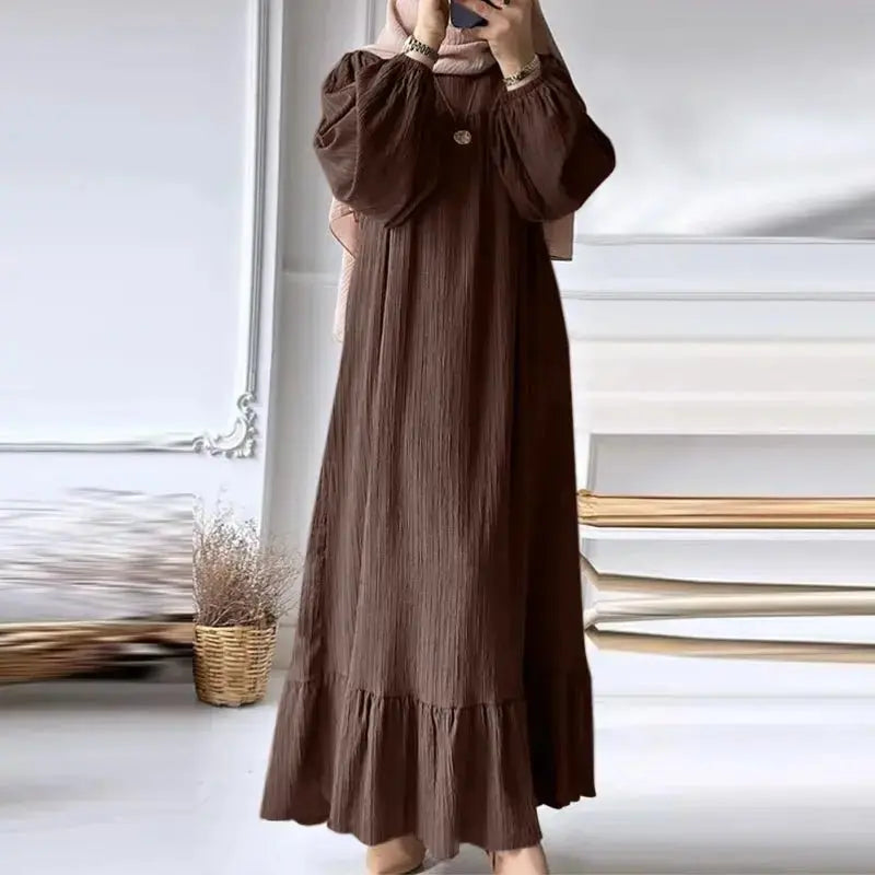 ZANZEA Fashion Ruffles Hem Muslim Sundress Woman Puff Sleeve O Neck Dress Autumn Elegant Party Abaya Vestidos Islamic Clothing