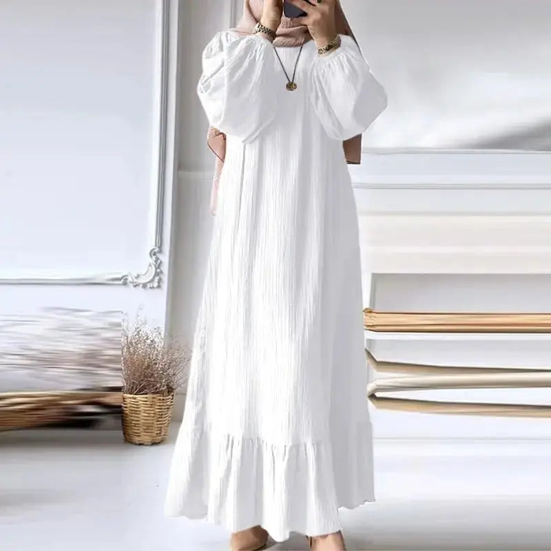 ZANZEA Fashion Ruffles Hem Muslim Sundress Woman Puff Sleeve O Neck Dress Autumn Elegant Party Abaya Vestidos Islamic Clothing - haalish