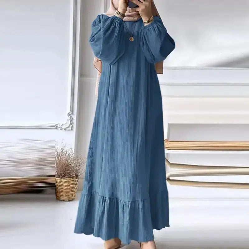 ZANZEA Fashion Ruffles Hem Muslim Sundress Woman Puff Sleeve O Neck Dress Autumn Elegant Party Abaya Vestidos Islamic Clothing