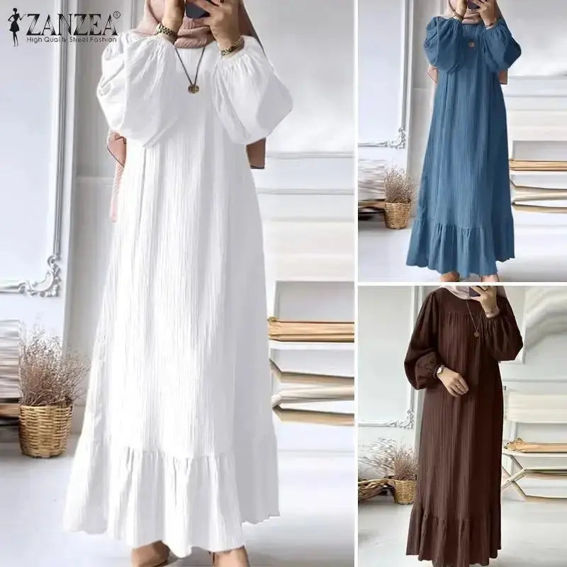 ZANZEA Fashion Ruffles Hem Muslim Sundress Woman Puff Sleeve O Neck Dress Autumn Elegant Party Abaya Vestidos Islamic Clothing