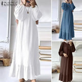 ZANZEA Fashion Ruffles Hem Muslim Sundress Woman Puff Sleeve O Neck Dress Autumn Elegant Party Abaya Vestidos Islamic Clothing