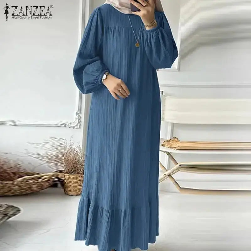 ZANZEA Fashion Ruffles Hem Muslim Sundress Woman Puff Sleeve O Neck Dress Autumn Elegant Party Abaya Vestidos Islamic Clothing