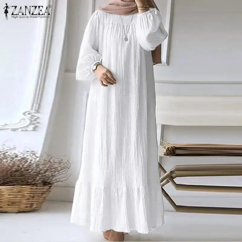 ZANZEA Fashion Ruffles Hem Muslim Sundress Woman Puff Sleeve O Neck Dress Autumn Elegant Party Abaya Vestidos Islamic Clothing