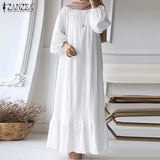 ZANZEA Fashion Ruffles Hem Muslim Sundress Woman Puff Sleeve O Neck Dress Autumn Elegant Party Abaya Vestidos Islamic Clothing