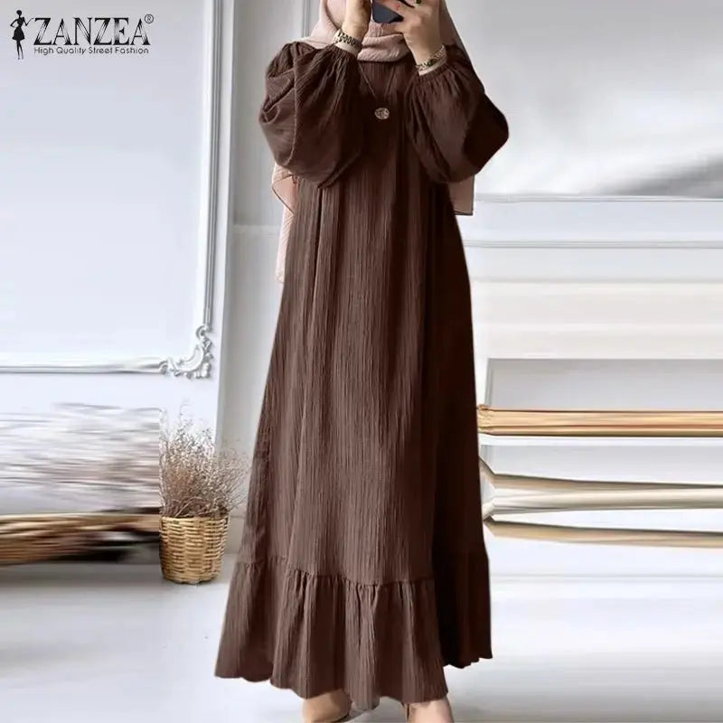 ZANZEA Fashion Ruffles Hem Muslim Sundress Woman Puff Sleeve O Neck Dress Autumn Elegant Party Abaya Vestidos Islamic Clothing