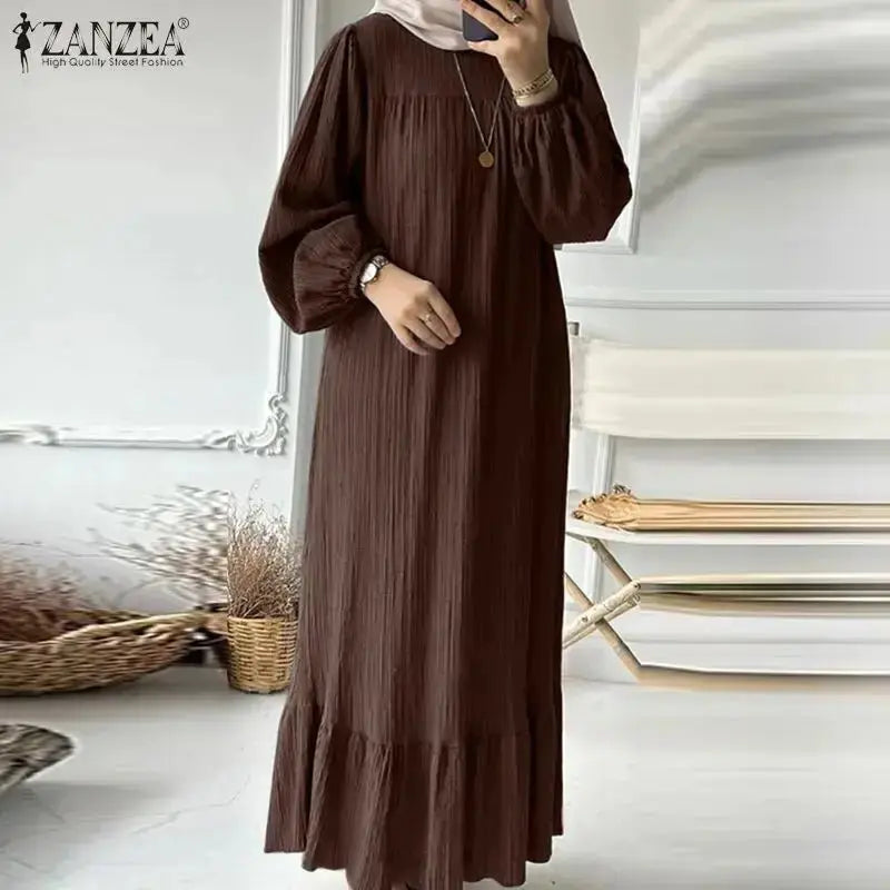 ZANZEA Fashion Ruffles Hem Muslim Sundress Woman Puff Sleeve O Neck Dress Autumn Elegant Party Abaya Vestidos Islamic Clothing