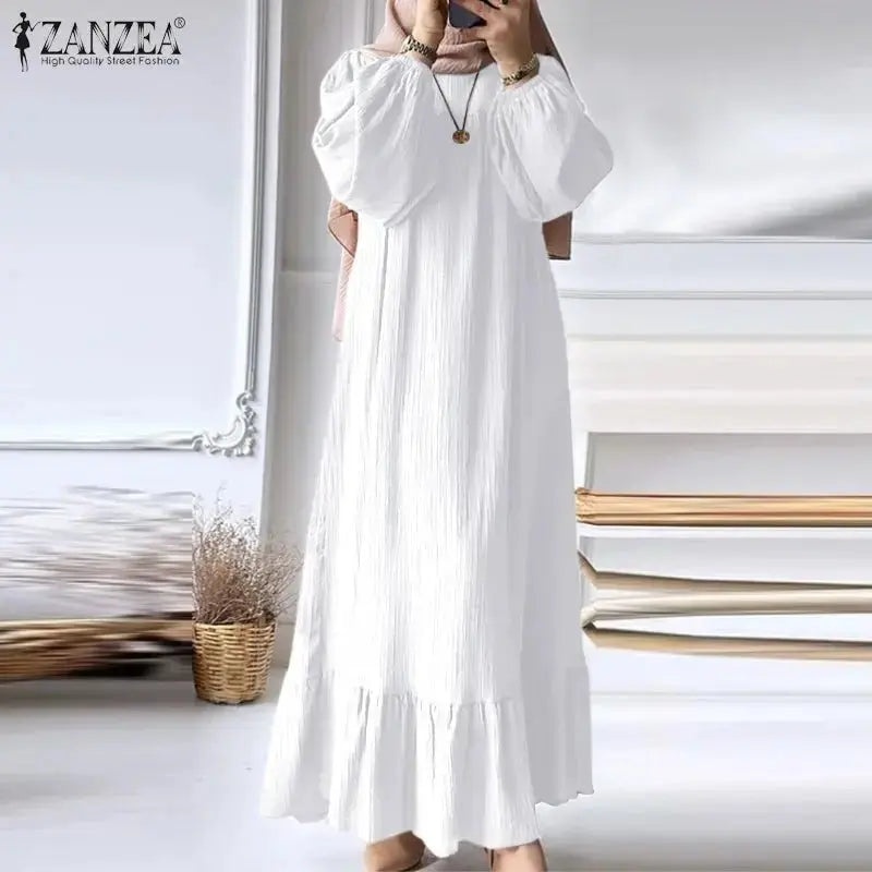 ZANZEA Fashion Ruffles Hem Muslim Sundress Woman Puff Sleeve O Neck Dress Autumn Elegant Party Abaya Vestidos Islamic Clothing - haalish