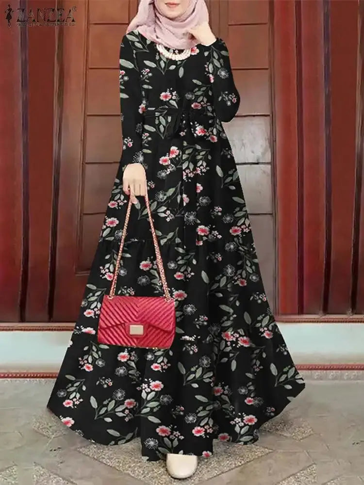 ZANZEA Muslim Hijab Long Dress Full Sleeve Printed Dresses For Women Abayas Dubai Abaya Ramadan Turkey Modest Arabic kaftan Robe