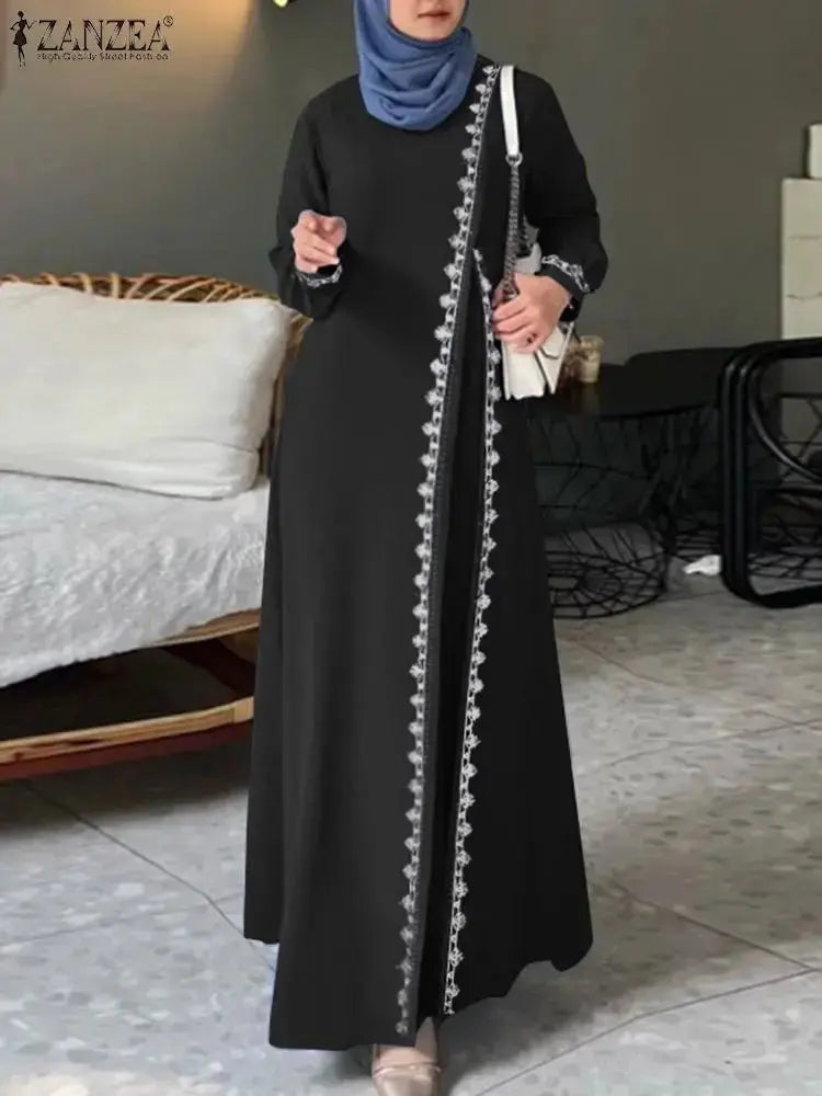 ZANZEA Spring Lace Crochet Maxi Dress Muslim Turkey Abaya Elegant Loose Vestidos Women Long Sleeve O Neck IsIamic Robe Kaftan