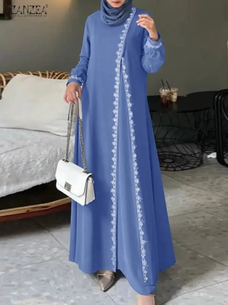 ZANZEA Spring Lace Crochet Maxi Dress Muslim Turkey Abaya Elegant Loose Vestidos Women Long Sleeve O Neck IsIamic Robe Kaftan - haalish