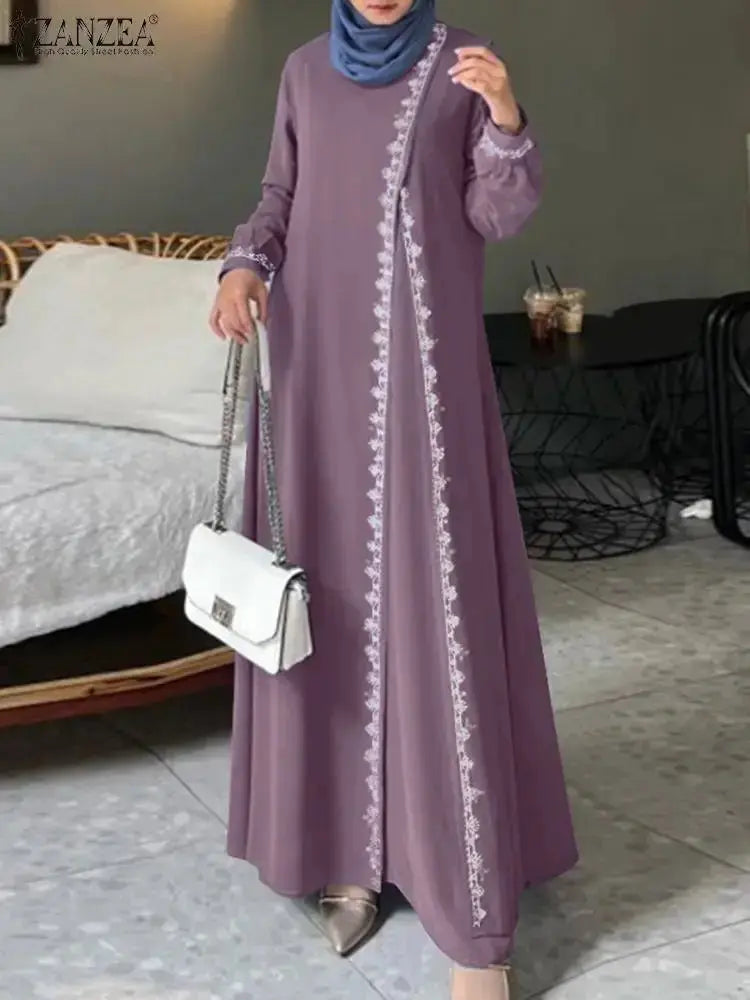 ZANZEA Spring Lace Crochet Maxi Dress Muslim Turkey Abaya Elegant Loose Vestidos Women Long Sleeve O Neck IsIamic Robe Kaftan