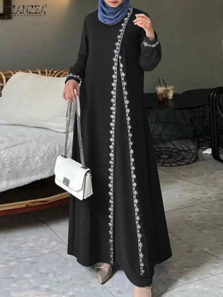 ZANZEA Spring Lace Crochet Maxi Dress Muslim Turkey Abaya Elegant Loose Vestidos Women Long Sleeve O Neck IsIamic Robe Kaftan