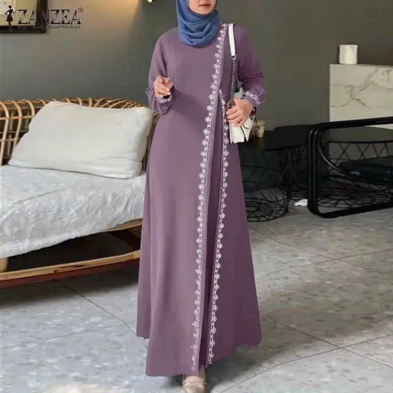 ZANZEA Spring Lace Crochet Maxi Dress Muslim Turkey Abaya Elegant Loose Vestidos Women Long Sleeve O Neck IsIamic Robe Kaftan - haalish