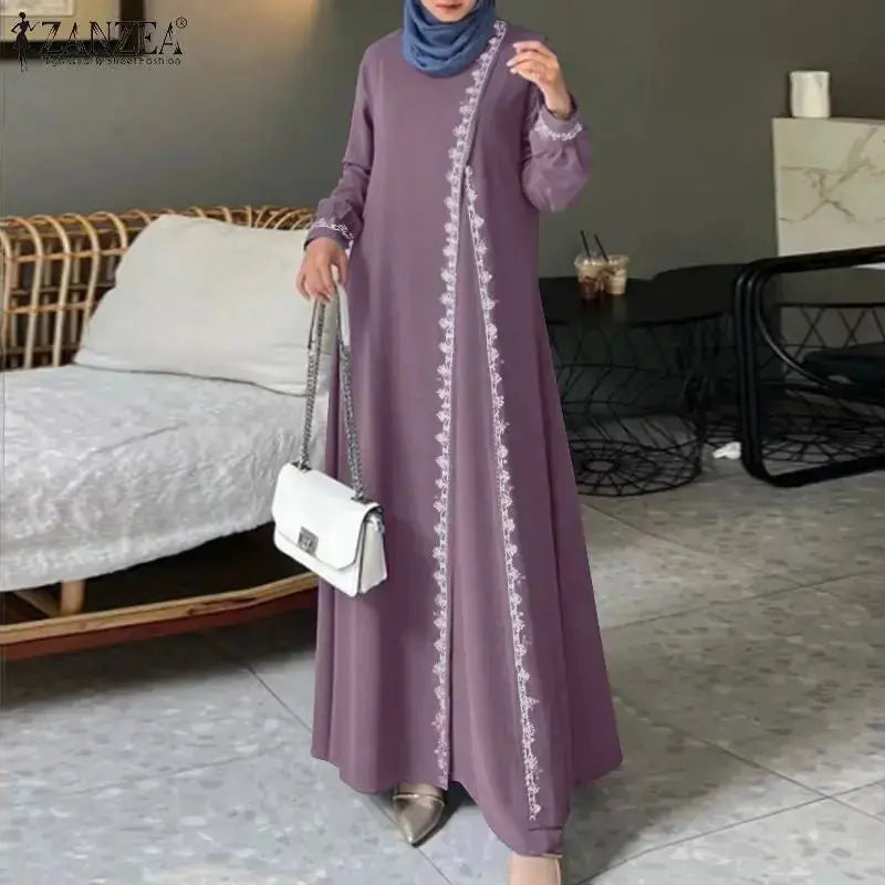 ZANZEA Spring Lace Crochet Maxi Dress Muslim Turkey Abaya Elegant Loose Vestidos Women Long Sleeve O Neck IsIamic Robe Kaftan - haalish