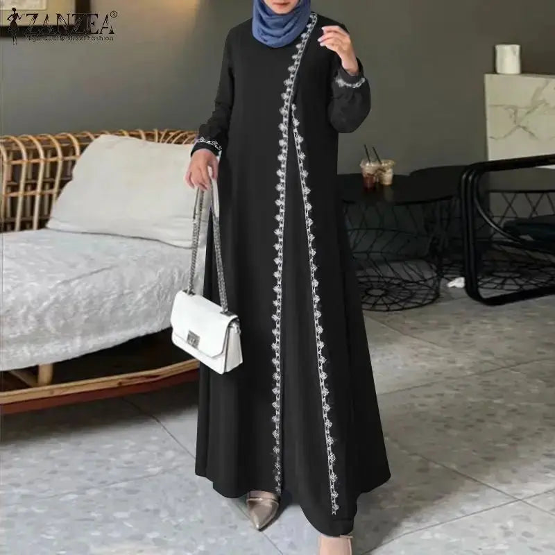 ZANZEA Spring Lace Crochet Maxi Dress Muslim Turkey Abaya Elegant Loose Vestidos Women Long Sleeve O Neck IsIamic Robe Kaftan - haalish