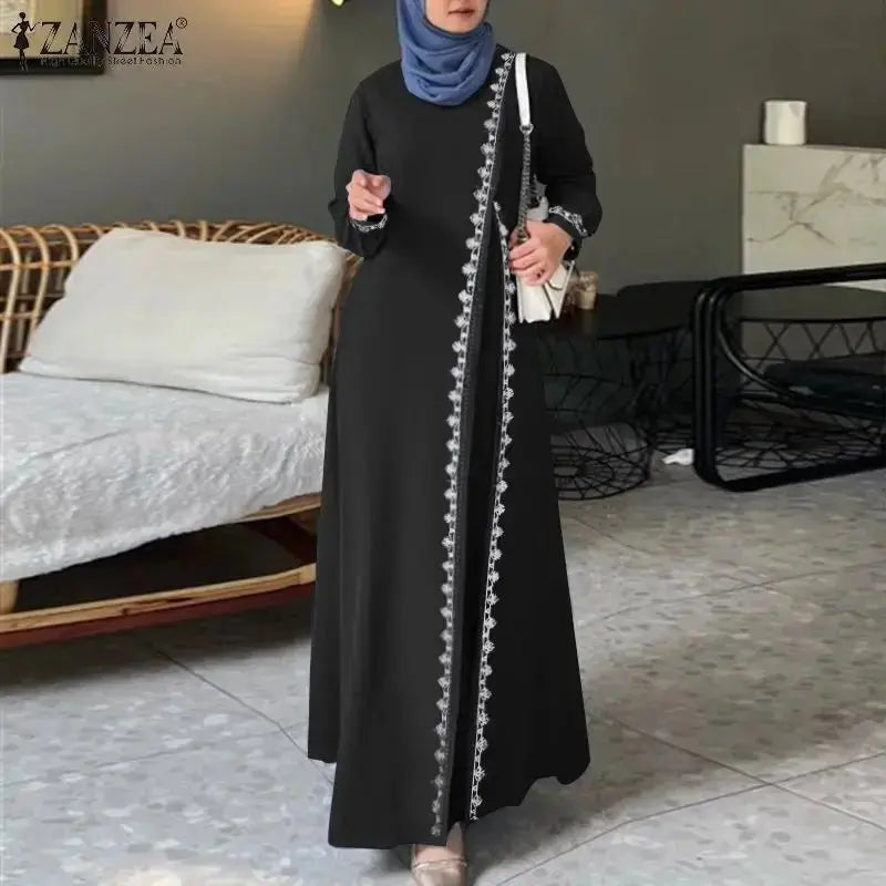 ZANZEA Spring Lace Crochet Maxi Dress Muslim Turkey Abaya Elegant Loose Vestidos Women Long Sleeve O Neck IsIamic Robe Kaftan - haalish