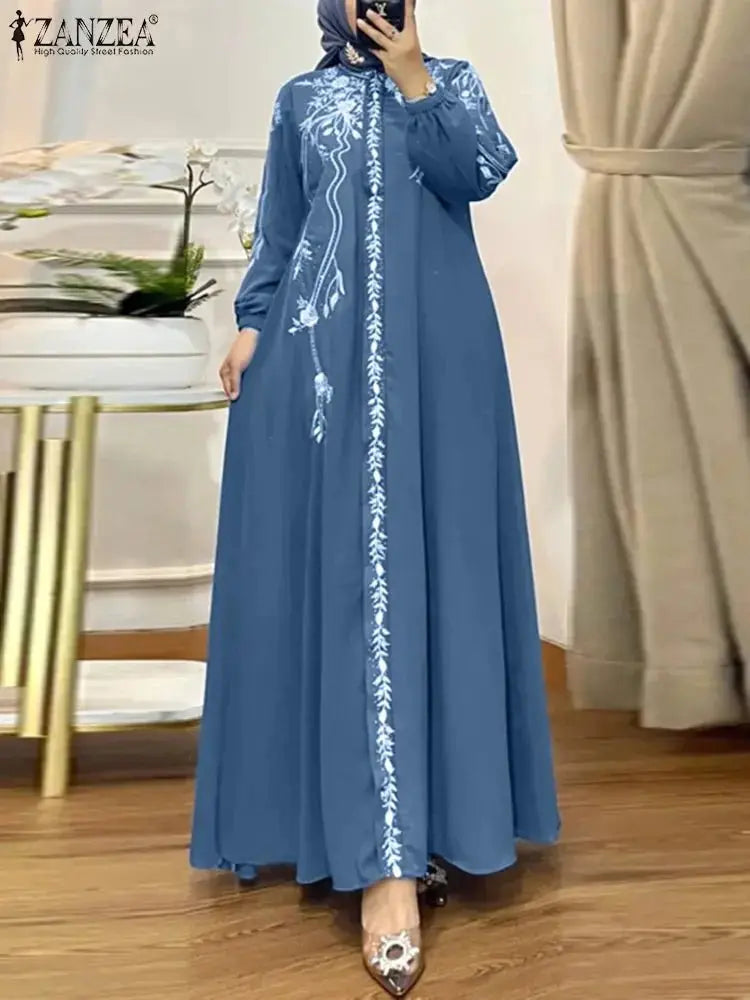 ZANZEA Turkey Islamic Autumn Maxi Vestidos Muslim Hijab Loose Bohemian Women Long Dresses Floral Print Holiday Casual Abaya Robe