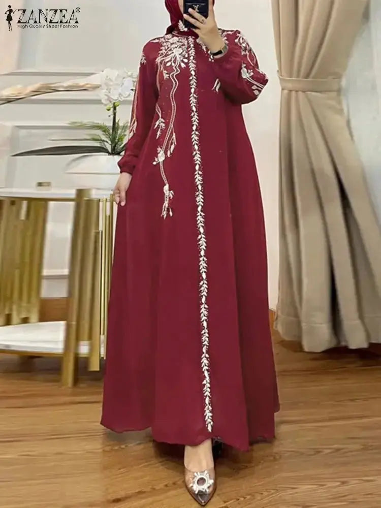 ZANZEA Turkey Islamic Autumn Maxi Vestidos Muslim Hijab Loose Bohemian Women Long Dresses Floral Print Holiday Casual Abaya Robe