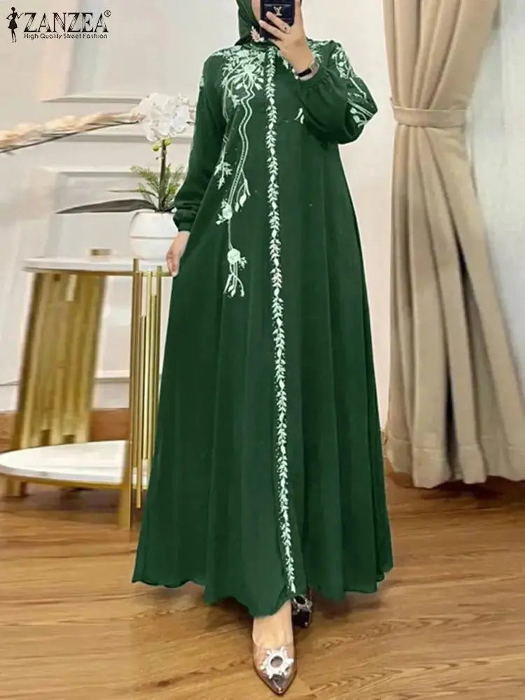 ZANZEA Turkey Islamic Autumn Maxi Vestidos Muslim Hijab Loose Bohemian Women Long Dresses Floral Print Holiday Casual Abaya Robe - haalish