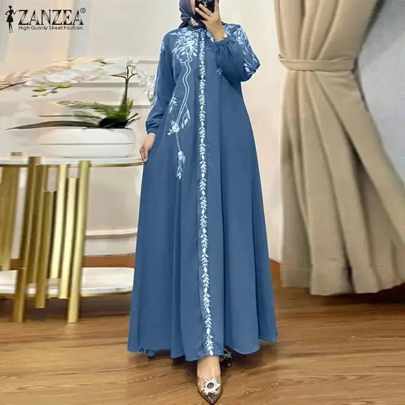 ZANZEA Turkey Islamic Autumn Maxi Vestidos Muslim Hijab Loose Bohemian Women Long Dresses Floral Print Holiday Casual Abaya Robe - haalish