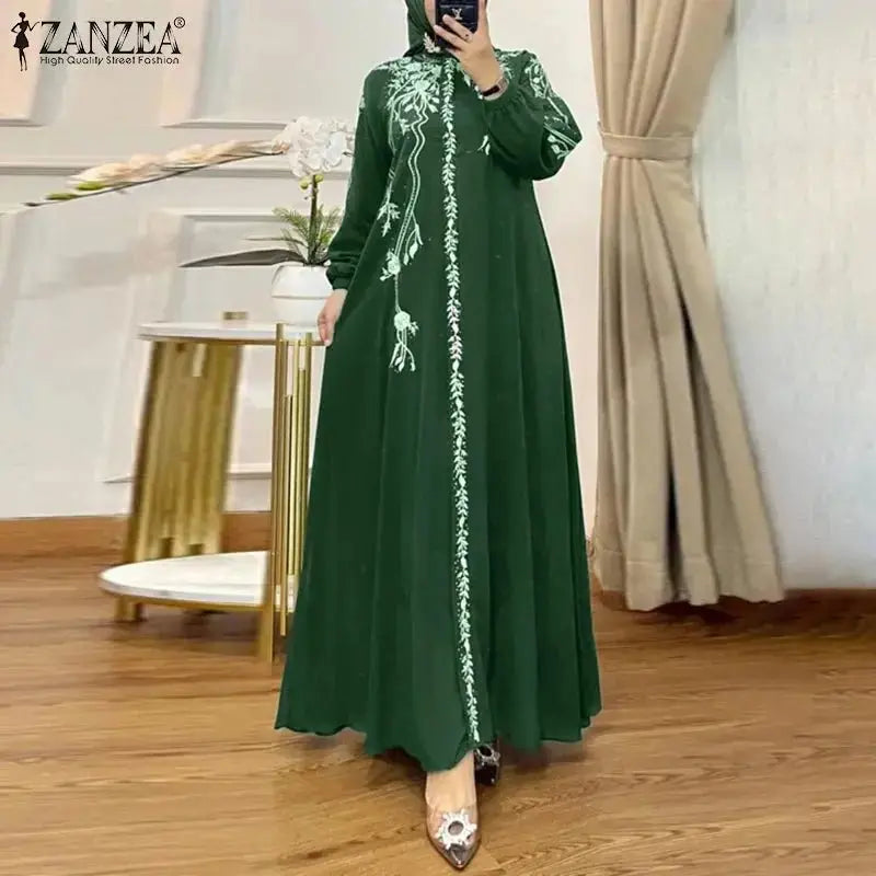 ZANZEA Turkey Islamic Autumn Maxi Vestidos Muslim Hijab Loose Bohemian Women Long Dresses Floral Print Holiday Casual Abaya Robe