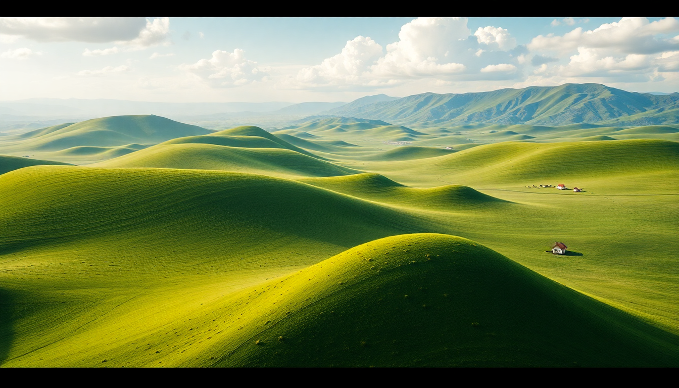 Lush, rolling green hills and valleys stretch out as far as the eye can see, with distant mountains rising in the background. The landscape is dotted with small buildings, creating a serene and picturesque scene.