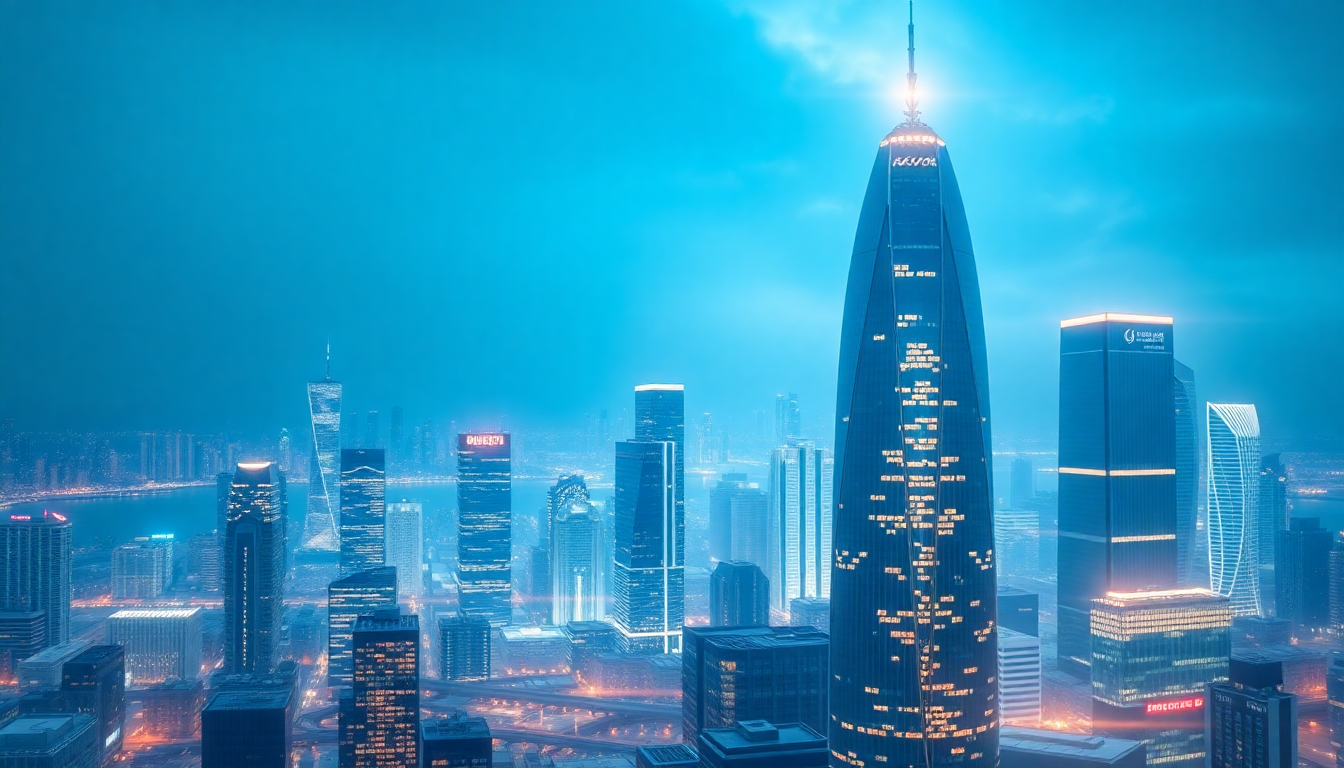 Towering skyscrapers and high-rise buildings in a bustling city skyline, with a tall central structure illuminated against a hazy, blue sky.