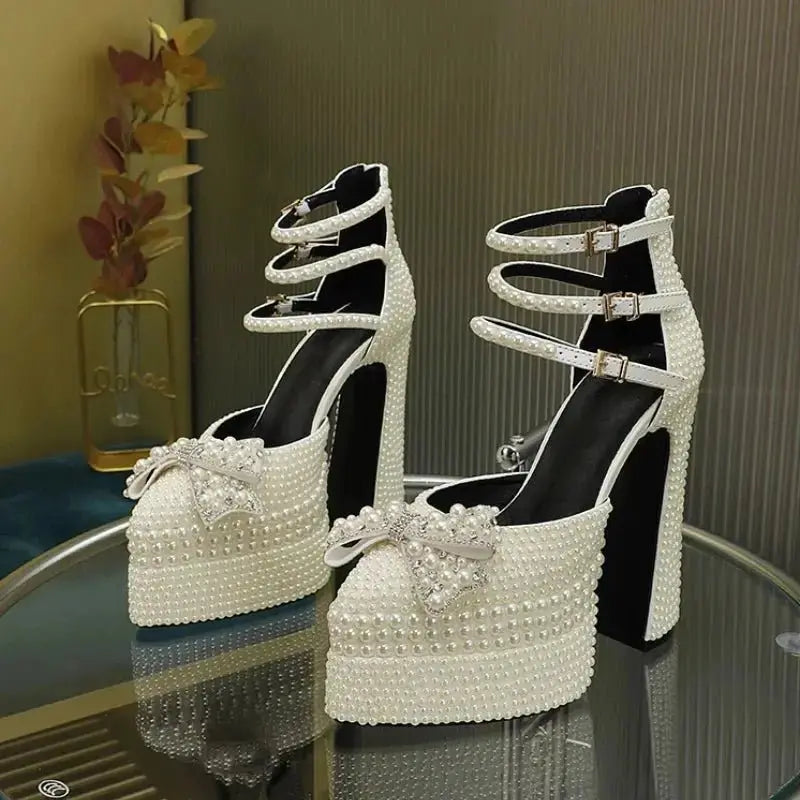 Hand Inlaid Pearl/rhinestone High Heel Sandals Wedding Bridal Party Chunky Heel Platform Bow Sandals Ankle Buckle Women's Shoes