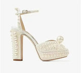 Hand Inlaid Pearl/rhinestone High Heel Sandals Wedding Bridal Party Chunky Heel Platform Bow Sandals Ankle Buckle Women's Shoes