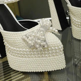 Hand Inlaid Pearl/rhinestone High Heel Sandals Wedding Bridal Party Chunky Heel Platform Bow Sandals Ankle Buckle Women's Shoes