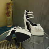 Hand Inlaid Pearl/rhinestone High Heel Sandals Wedding Bridal Party Chunky Heel Platform Bow Sandals Ankle Buckle Women's Shoes