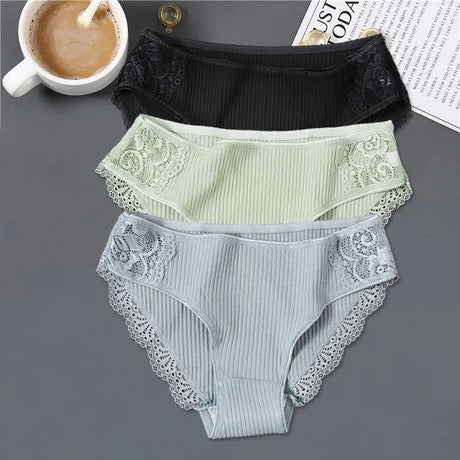 FINETOO 3Pcs/set Women Cotton Panties M - 2XL Low - Rise Underwear Trendy Patchwork Lace Briefs Female Soft Underpants Lingerie 2022 - haalish