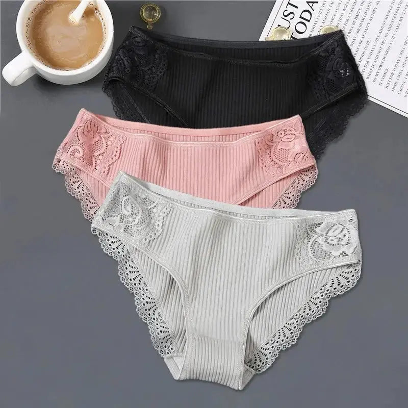 FINETOO 3Pcs/set Women Cotton Panties M-2XL Low-Rise Underwear Trendy Patchwork Lace Briefs Female Soft Underpants Lingerie 2022