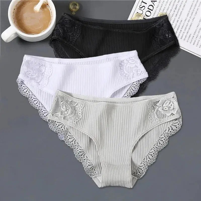 FINETOO 3Pcs/set Women Cotton Panties M-2XL Low-Rise Underwear Trendy Patchwork Lace Briefs Female Soft Underpants Lingerie 2022