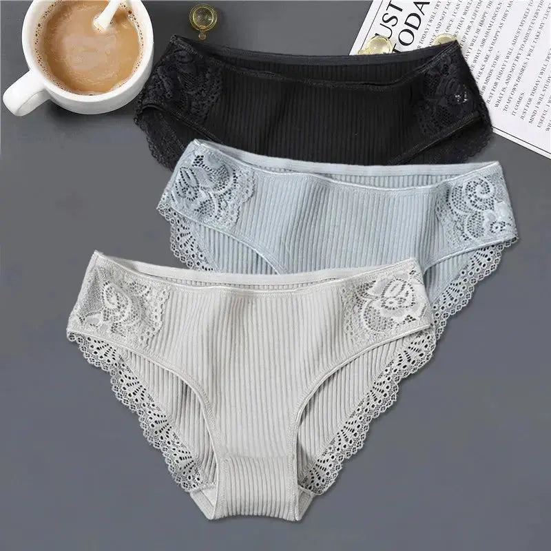 FINETOO 3Pcs/set Women Cotton Panties M-2XL Low-Rise Underwear Trendy Patchwork Lace Briefs Female Soft Underpants Lingerie 2022