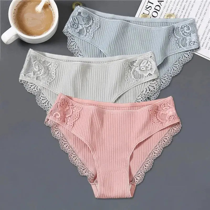 FINETOO 3Pcs/set Women Cotton Panties M-2XL Low-Rise Underwear Trendy Patchwork Lace Briefs Female Soft Underpants Lingerie 2022